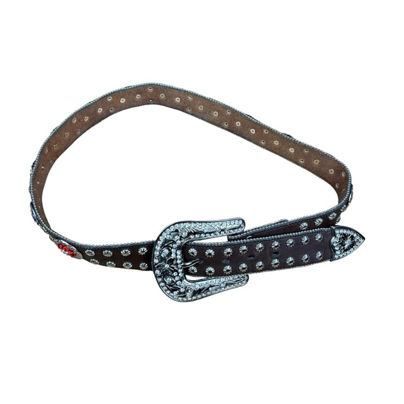 EUC Nocona Size M Western Belt Rhinestone Silver Studded Buckle Brown Leather